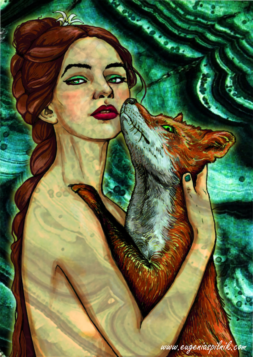 Ilustración digital de la diosa fauna abrazando a un zorro