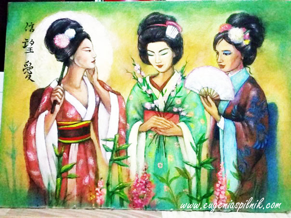 Pintura de japonesas, fe, esperanza y amor